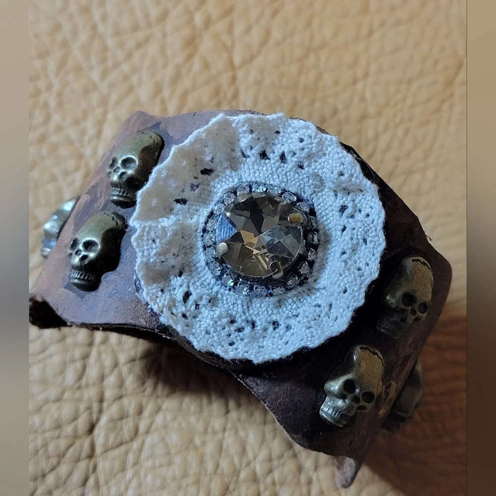 Leather & Lace Cuff Bracelet With Skulls & Crystal Rhinestones Handmade - Picture 3 of 12